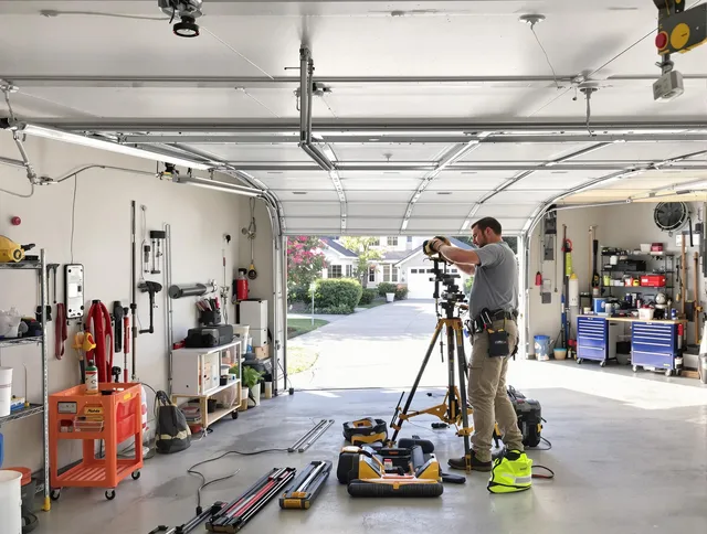 Avon Garage Door Repair specialist performing laser-guided track alignment in Avon